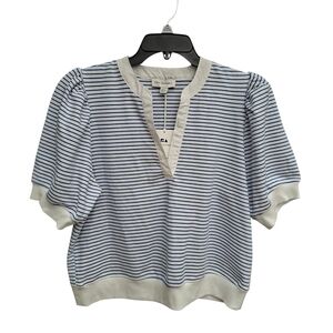 NWT Free Assembly Women's Blue & White Striped Puff-Sleeve Knit Top Size L